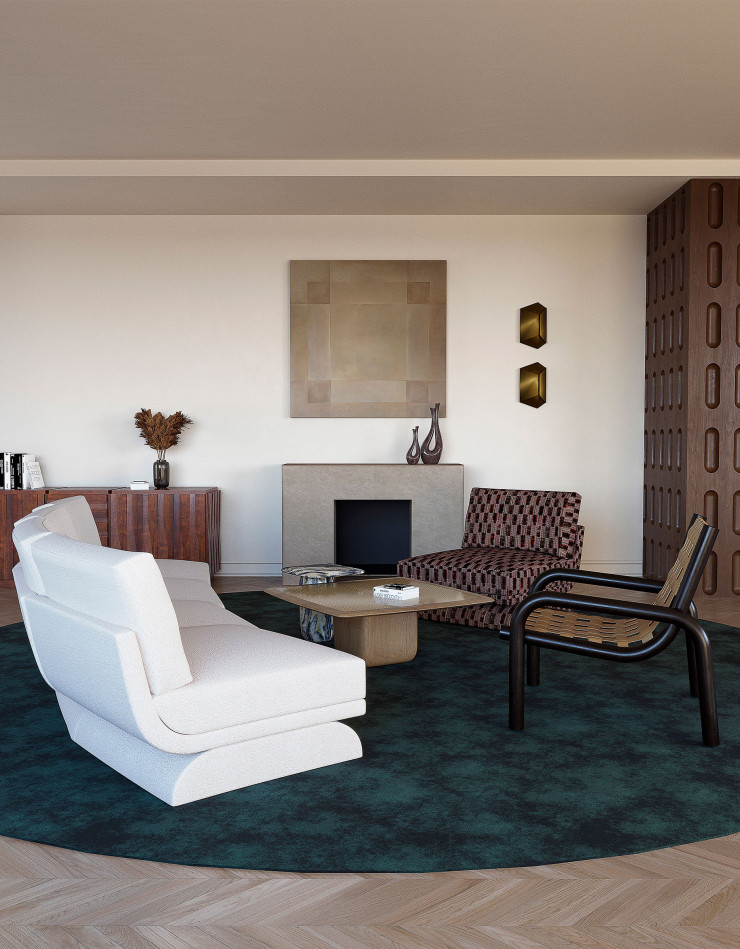 Un style vintage mâtiné d’influences brésiliennes. Telle est la recette concoctée par l’architecte d’intérieur Olga Torres et appliquée à ce mobilier de salon : éléments de canapé modulable Oscar Curve et Middle, fauteuil Ginga (à droite), tables basses de la collection « Bossa » et buffet Jacaranda.