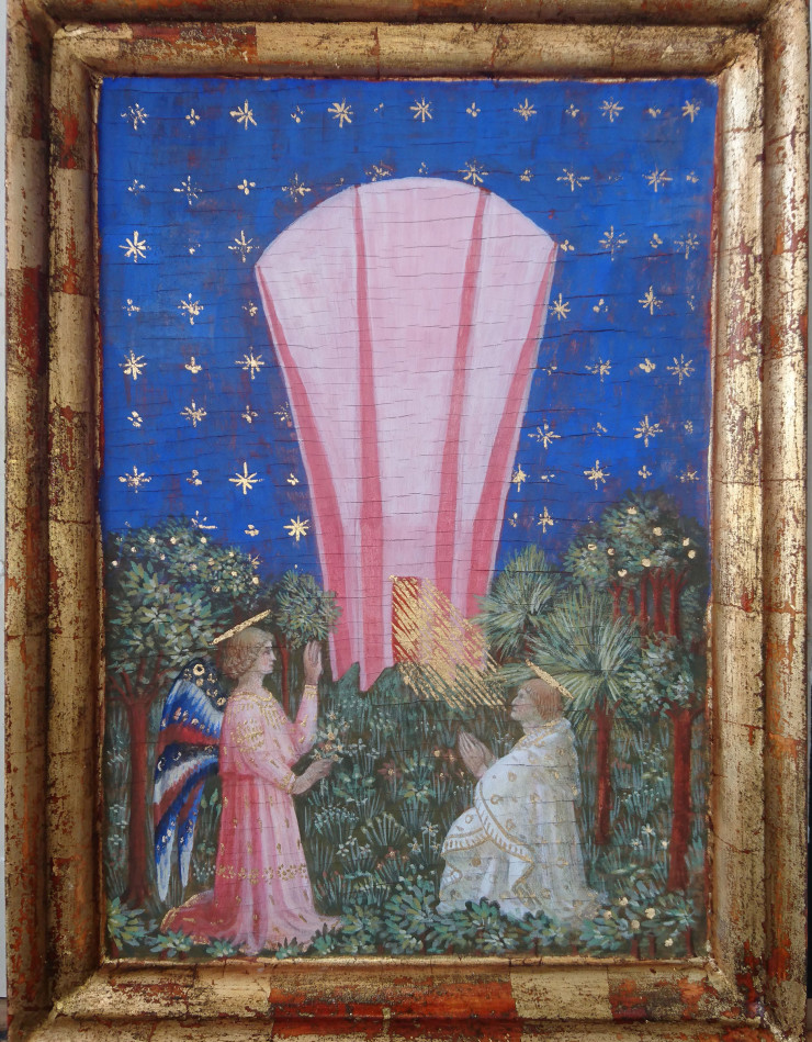 Les enluminures de Malo Chapuy comportent toujours des architectures contemporaines. Des images anachroniques que l’artiste traite à la façon des peintres du XIVe siècle. Ici, il s’est inspiré des châteaux d’eau photographiés par Bernd et Hilla Becher.