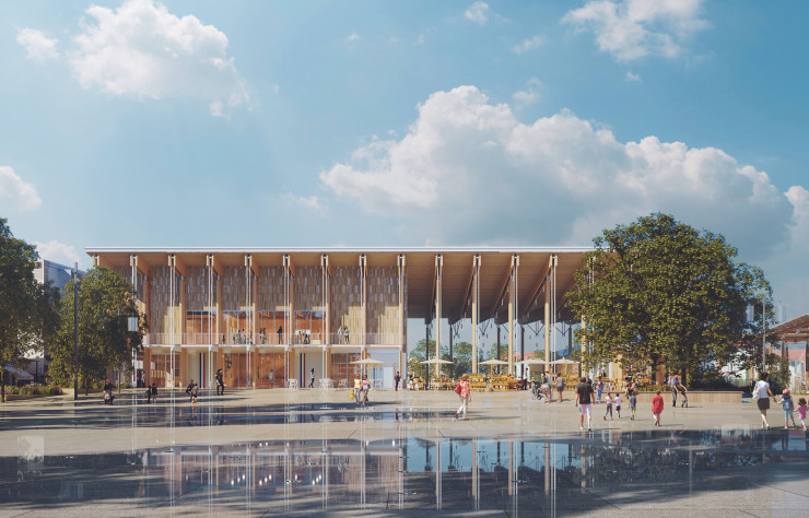 Cette image de synthèse présente le projet la Bocca. Celui-ci s’attache à réaménager une partie importante de l’espace public de ce quartier de l’ouest de Cannes (Alpes-Maritimes). Il comprend une halle qui abritera le marché couvert et les services publics de proximité, la Halle de la Bocca ; la Grande Place ; un jardin public à thèmes, le Square Gourmand; un espace intergénérationnel qui regroupera des terrains de jeux et de pétanque, et des bassins végétalisés, les Terrains de Jeux.