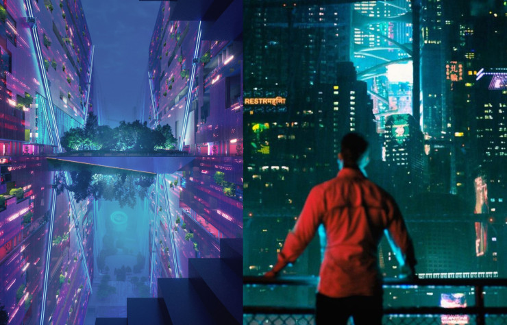 A gauche, illustration de la ville en construction The Line. A droite, un extrait de la série « Altered Carbon » de Netflix.