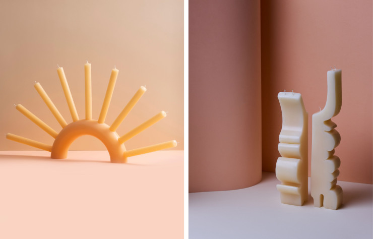 Deux bougies dessinées pour The Candle Project : à gauche, le modèle « Sinking Sun For Another One » (photo : Elie Abi Hanna) ; à droite, « Blrrrrr » de 200 Grs (photo : Carl Halal).