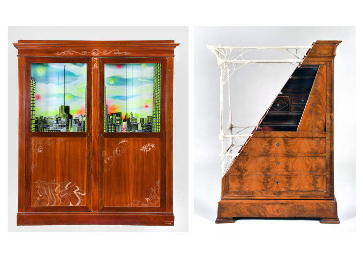 À gauche, « Inside city » de Guillaume Maréchal et à droite, « Anatomie du secrétaire » de Jane Kleis et Cédric Matet, deux oeuvres issues de l’exposition « Les Aliénés, le retour ».