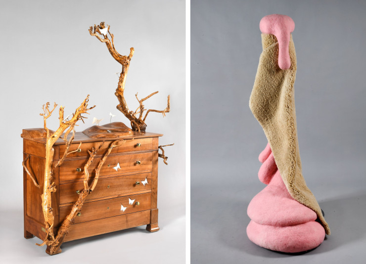 À gauche, « Murmure au bois » de Franceleine Debellefontaine et à droite, « Aliénées », d’Héléna Guy Lhomme, deux oeuvres issues de l’exposition « Les Aliénés, le retour », au Mobilier national.