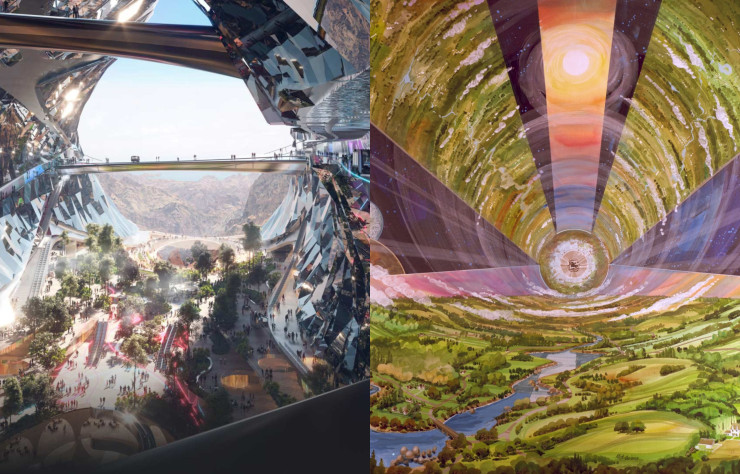 À droite, The Vault, le village vertical de Trojena. A gauche, une illustration de Rick Guidice d’un projet de station spatiale pour la Nasa (1975).