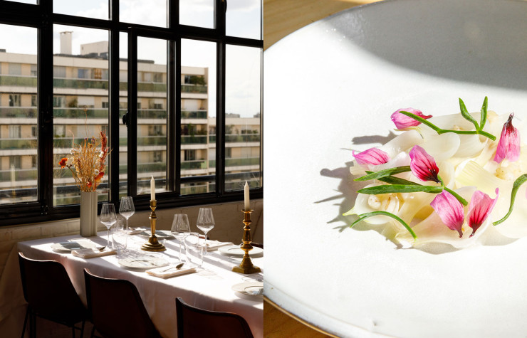 Vue du restaurant du Perchoir Ménilmontant et assiette d’oignons nouveaux par la cheffe Manon Fleury