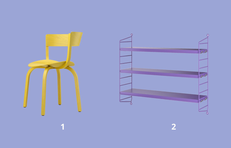 La chaise 404 F et l’étagère String Pocket.