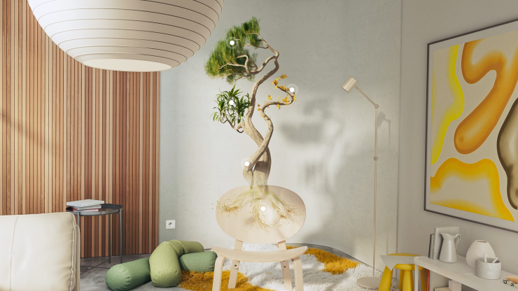 Le projet Carbon Banks de Wint Design Lab : une chaise IRL doublée de sa version virtuelle qui évolue au fil du temps. (c) ZuncStudio