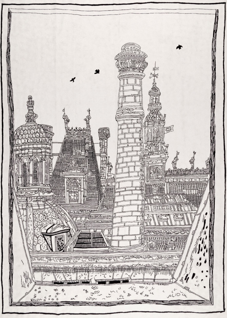 Le dessin Vue depuis l’Académie nationale de médecine de Christelle Téa, reproduit en tapis par Codimat Collection.
