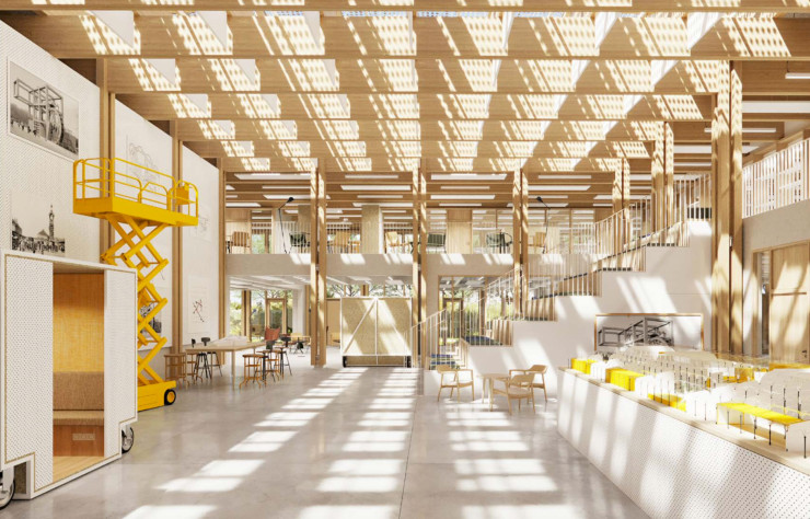 Le nouveau bâtiment conçu par Atelier du Pont pour accueillir les salariés de l’Établissement Public du Parc et de la Grande Halle de la Villette.