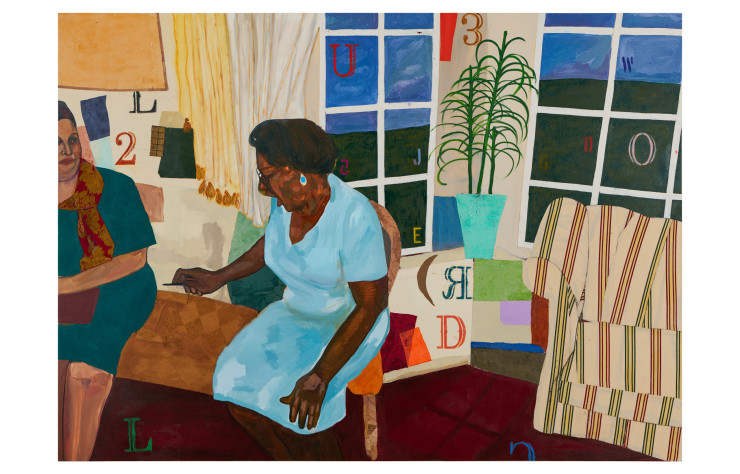 « Alberta’s Visit », Khalif Tahir Thompson, 2023. Oil, pastel, acrylic, pleather, fabric, handmade paper, abaca, cotton, papyrus, tissue and construction paper on canvas150 x 209 cm.