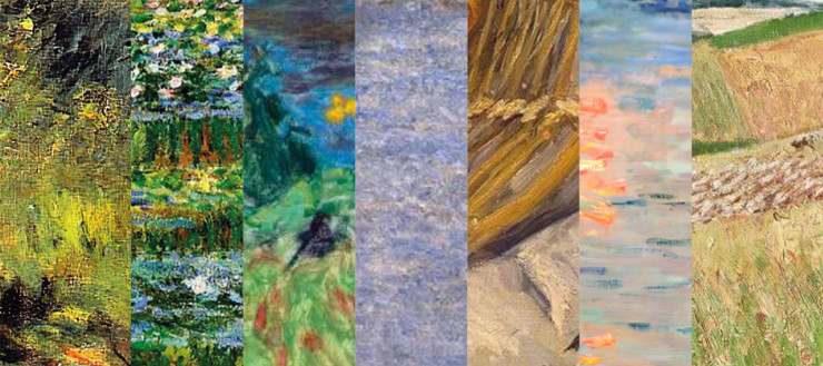 Détails de : « L’allée aux bois », Auguste Renoir, 1874, Ulster Museum, Belfast  ; « Le bassin aux Nymphéas », Claude Monet, 1899, Art Museum, Princetown; « Vernonnet – Paysage près de Giverny », Pierre Bonnard, 1924, Aberdeen Art Gallery & Museums, Aberdeen City ; « Eglise de Vernon », Claude Monet,  1894, Brooklyn Museum, New-York; « Les galettes », Claude Monet, 1882, Collection privée ; « Soleil couchant sur la Seine à Lavacourt, effet d’hiver », Claude Monet, 1880, Petit Palais, Paris, « Les coteaux de Thierceville », Camille Pissaro, 1897, Galerie Georges Petit, Paris. Conception : Singuliers Pluriel