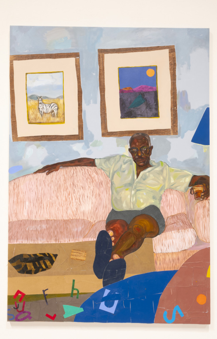« Orange Moon », Khalif Tahir Thompson, 2024. Oil, Pastel, Acrylic, Papyrus, Fabric, Handmade paper (abaca, cotton), Pleather, on canvas 220 x 150 cm.