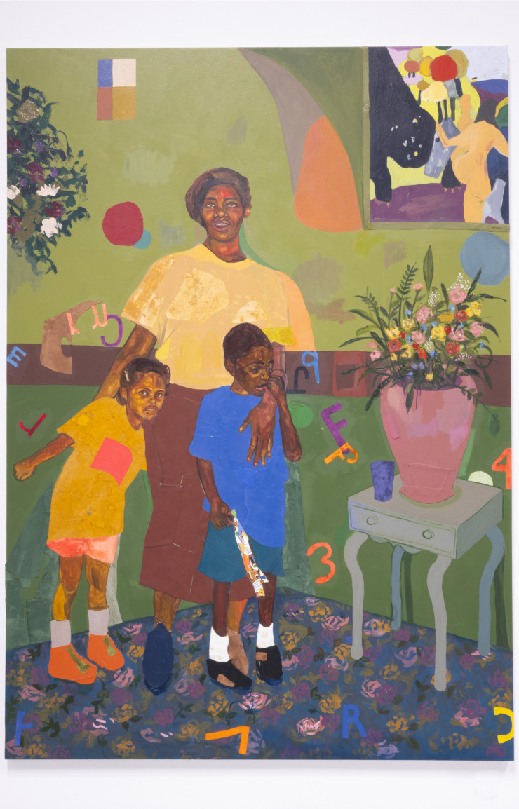 « Garden Room », Khalif Tahir Thompson, 2024. Oil, Pastel, Acrylic, Papyrus, Fabric, Handmade paper (abaca, cotton), Pleather, on canvas 240 x 170 cm .