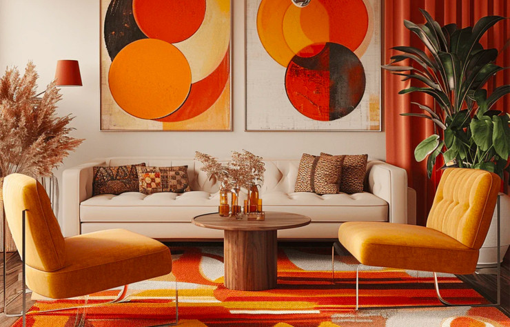 Le orange a la part belle, tous comme les cercles et autres motifs géométriques.