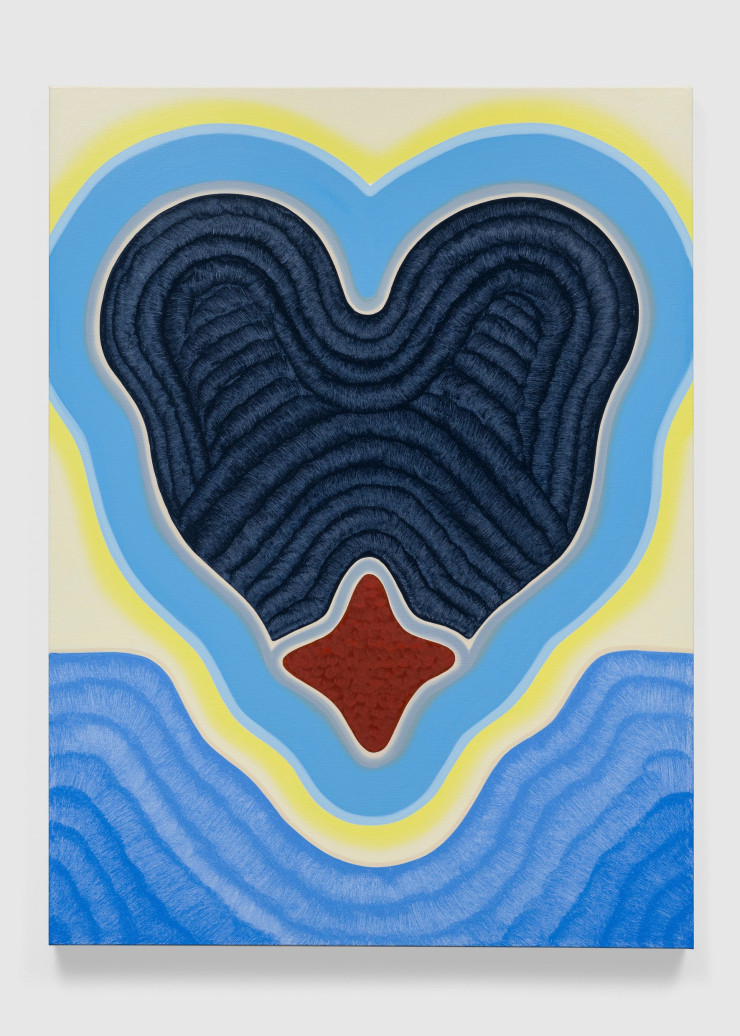 On a Clear Day, une oeuvre de Lily Stockman aux couleurs lumineuses et vibrantes. L’artiste américaine nourrit sa quête de l’abstraction de références aux paysages de son enfance, à la poésie, à la géométrie aussi bien qu’à la peinture bouddhique.