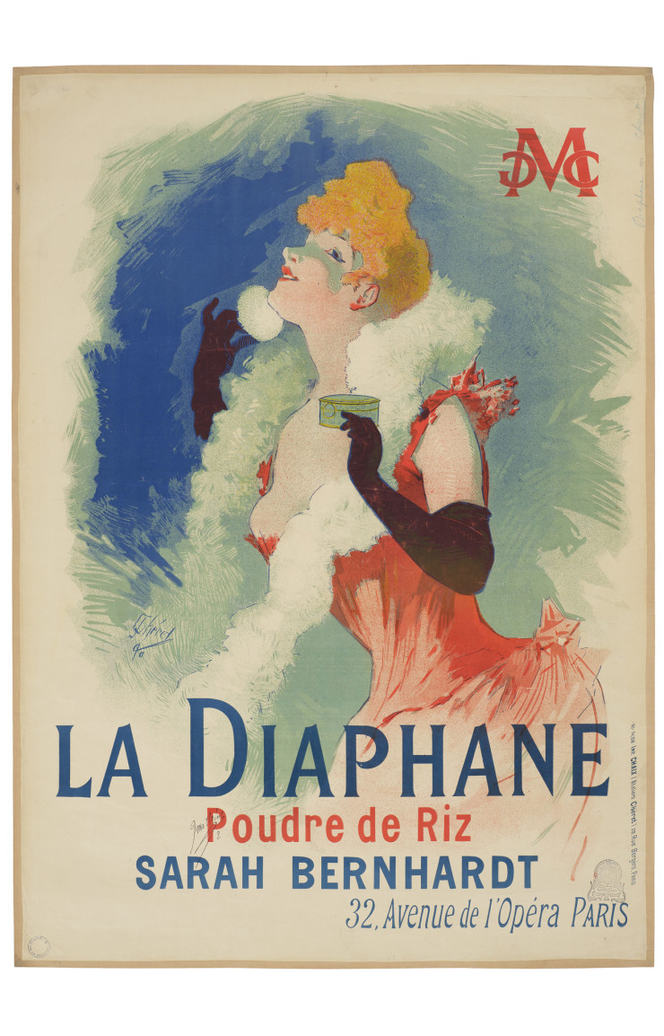 Jules Jean Cheret, La Diaphane, Poudre de riz, Sarah Bernhardt, 32, avenue de L’Opéra, Paris, 1891. Photo : © Les Arts Décoratifs