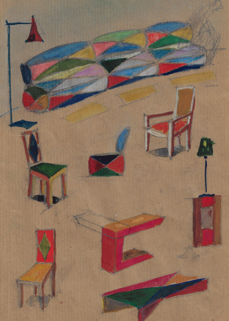 Croquis, gouache et aquarelle de Richard Peduzzi pour la réalisation du mobilier de la villa d’un collectionneur à Vienne, en 2022.