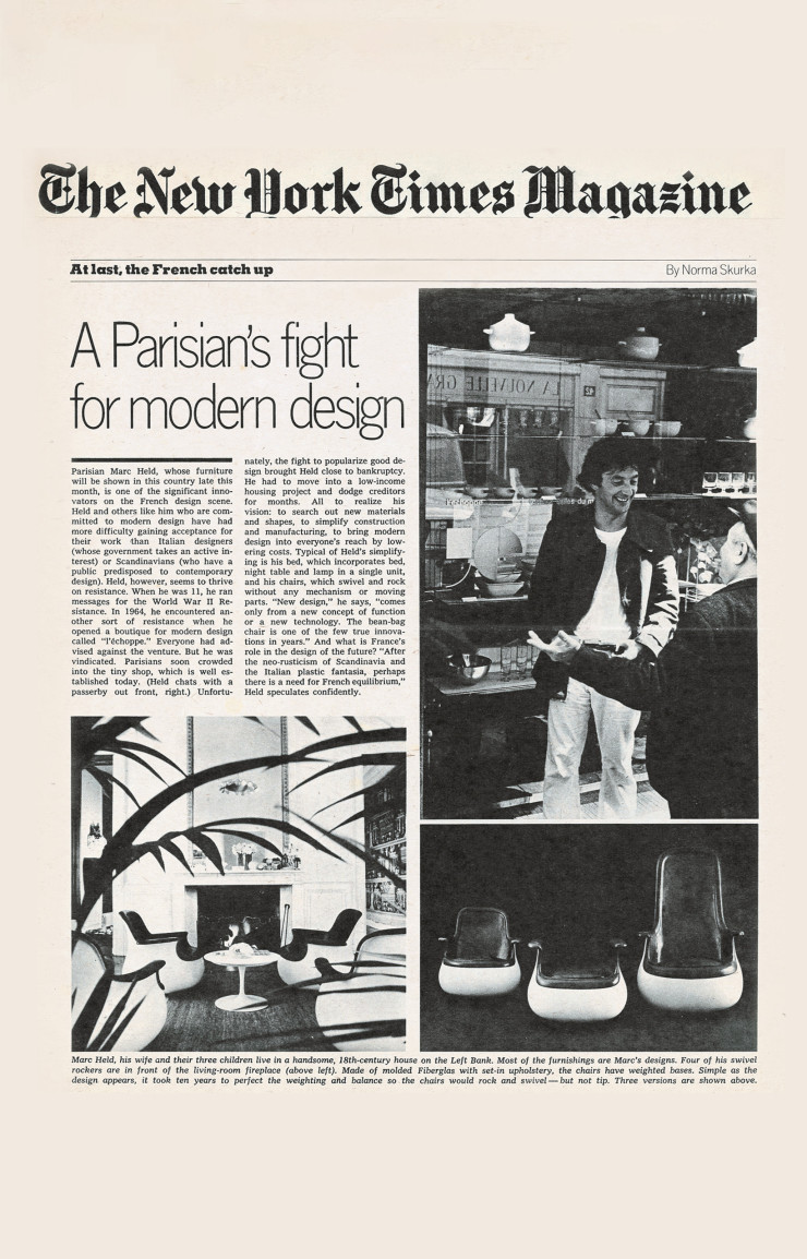 Article de Norma Skurka publié dans « The New York Times Magazine », 17 septembre 1972. Marc Held photographié devant L’Échoppe ; salon de son appartement de la rue de Seine et sièges Culbuto édités par Knoll.