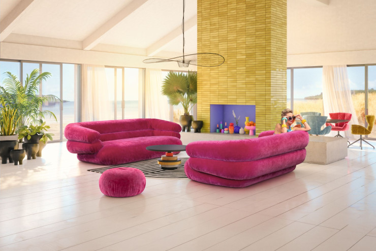 Juxtaposant des anneaux au rembourrage différent pour créer une impression de flottement, le canapé Poolside adopte le look seventies des fameux fauteuils gonflables qui meublaient aussi bien les intérieurs que les abords de piscines.