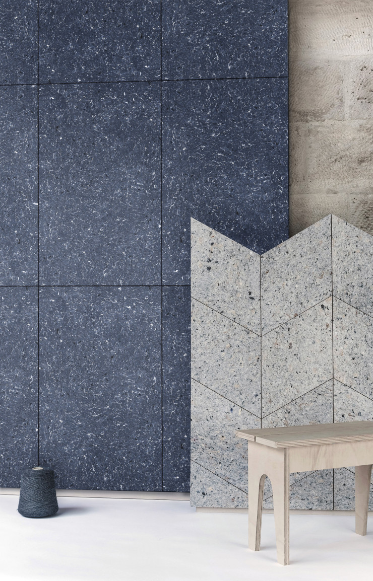 Panneaux acoustiques avec motifs rectangle avec coloris Bleu ardoise et motifs losange avec coloris Gris granite, Pierreplume®.