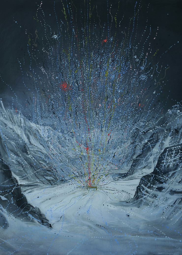 Light Sleep, Cosmos and Vanitas, Jungfraujoch, Dusk, huile sur toile (2023-24).